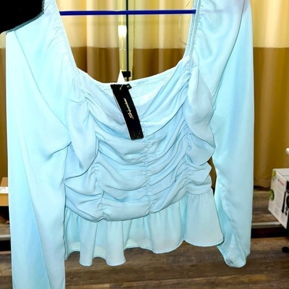 NWT Baby Blue Ruched Crop Top Medium Puff Sleeve Smocked Back Peplum Blouse